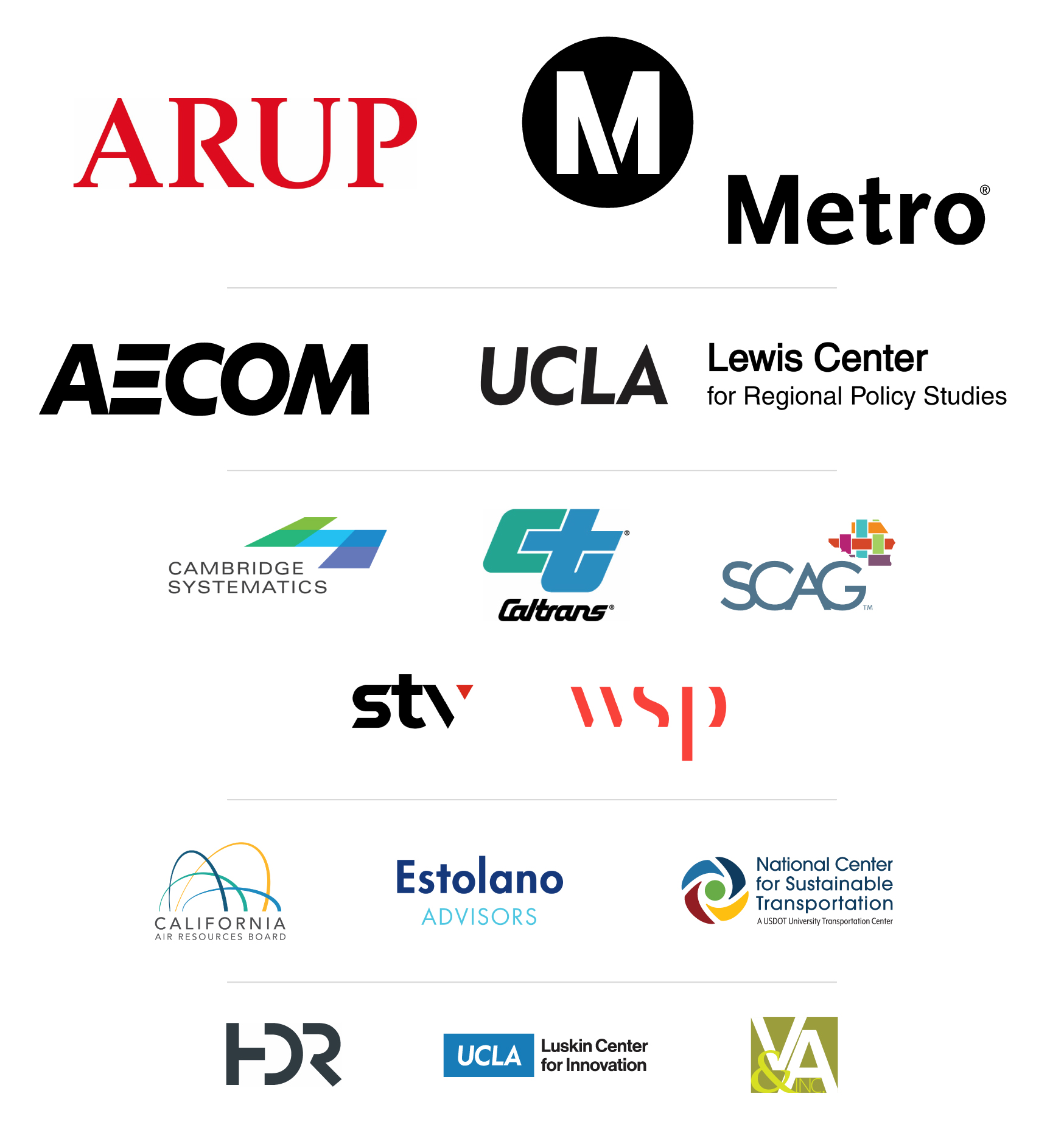 ARUP, LA Metro, UCLA Lewis Center for Regional Policy Studies, AECOM, Cambridge Systematics, Caltrans, SCAG, STV, WSP, CARB, Estolano Advisors, NCST, HDR, UCLA Luskin Center for Innovation, V&A Inc.